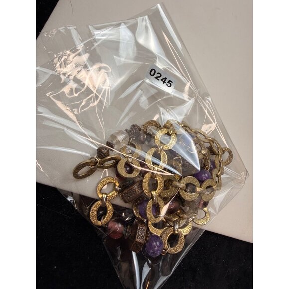 Vintage-Inspired Long Gold Chain Necklace With Purple & Burgundy Beads Textured - Picture 7 of 8